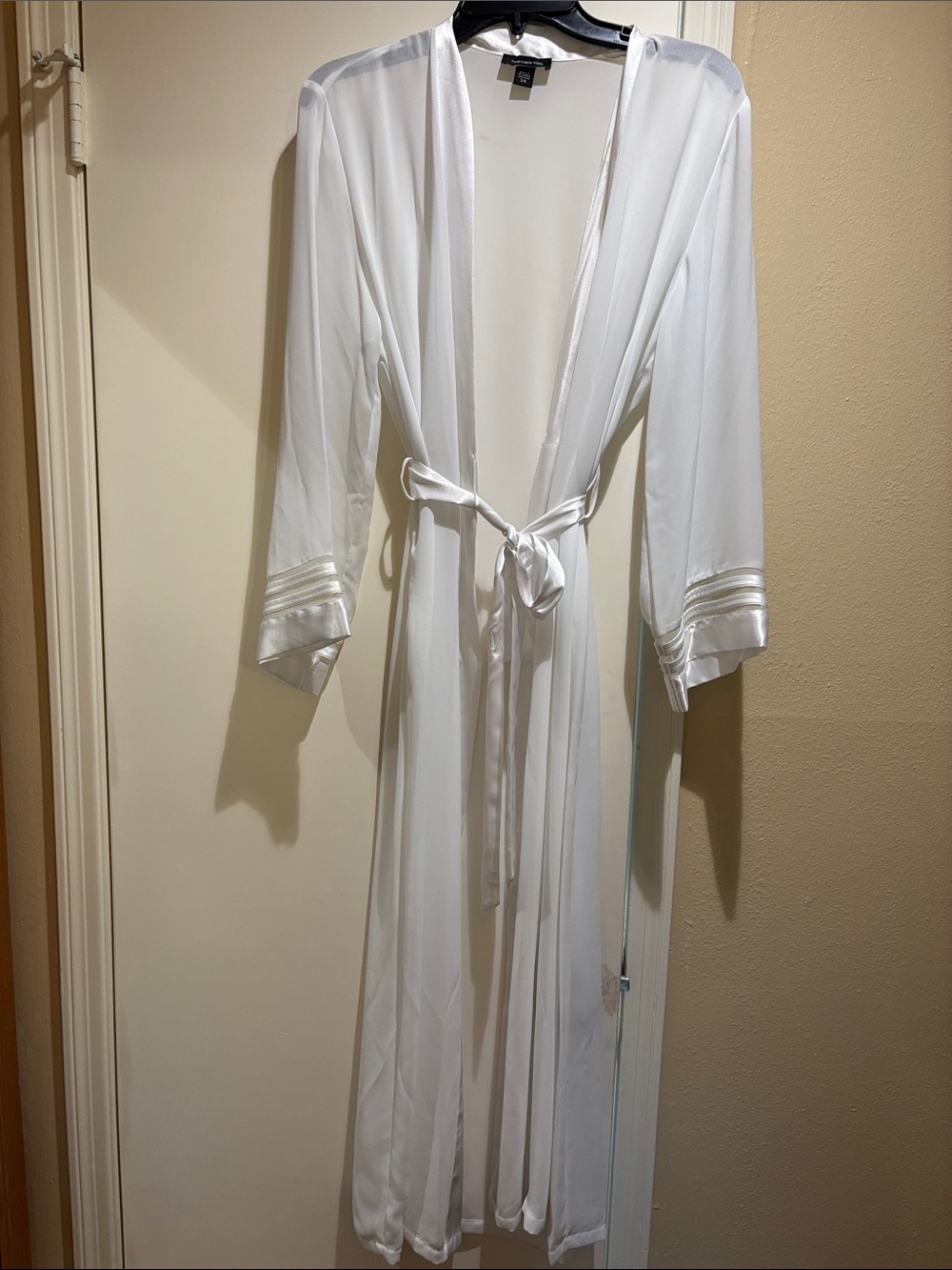 Jones New York White Sheer Satin-Trim Long Robe with Waist Tie